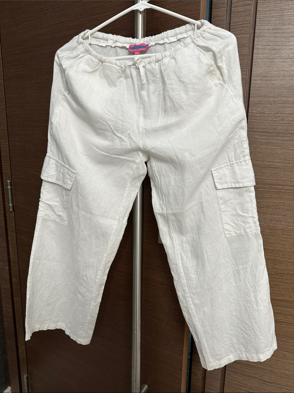 Women's White Cargo Linen Blend Pants - Casual Drawstring Waist